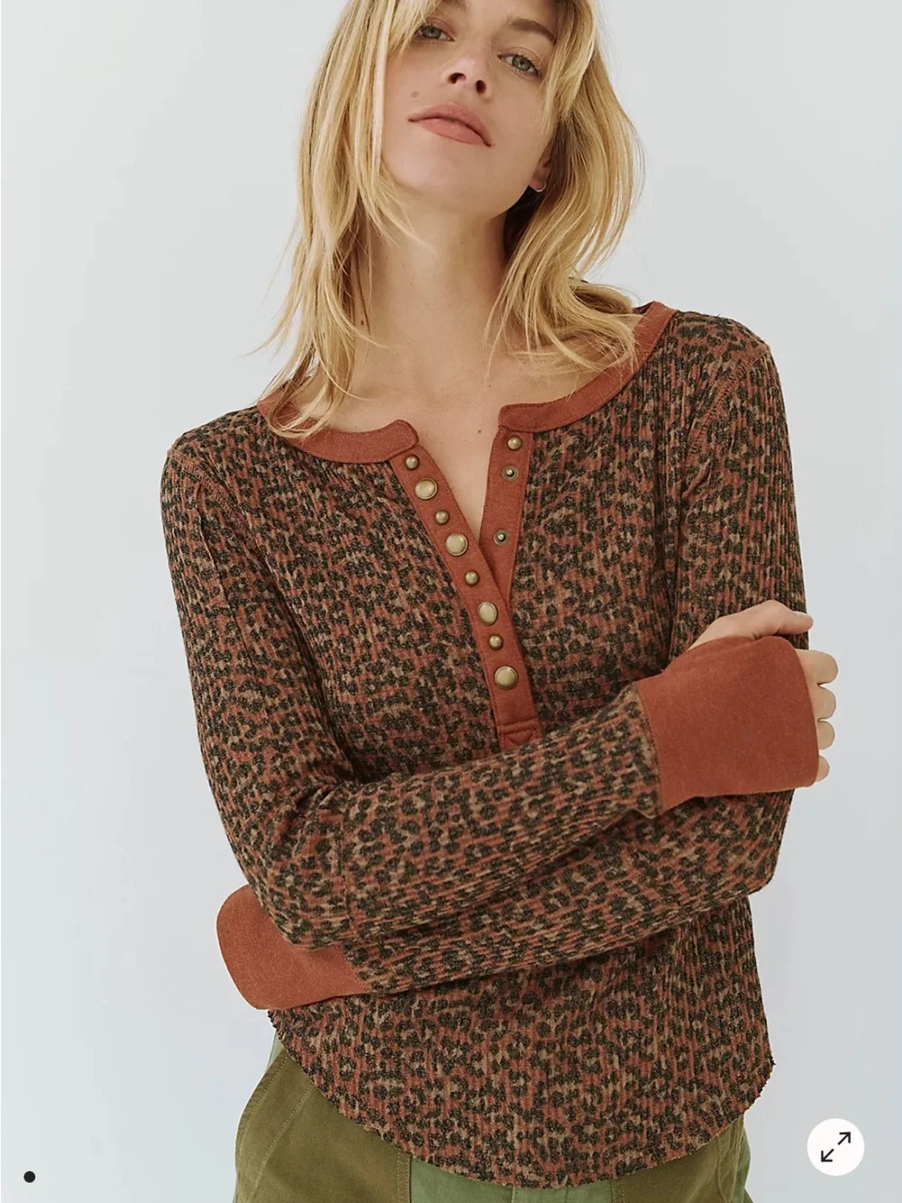 Free People We The Free First Kiss Thermal Henley Leopard Print Top Large